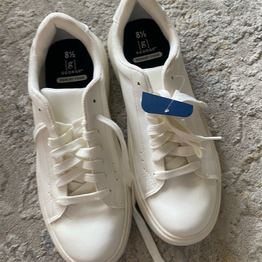 George Men's Court Sneakers White Memory Foam Lace-Up Shoes Size 8.5